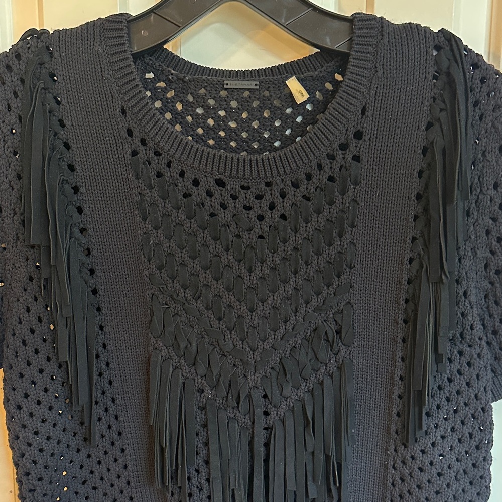 Elie Tahari Black Fringe Knit Sweater